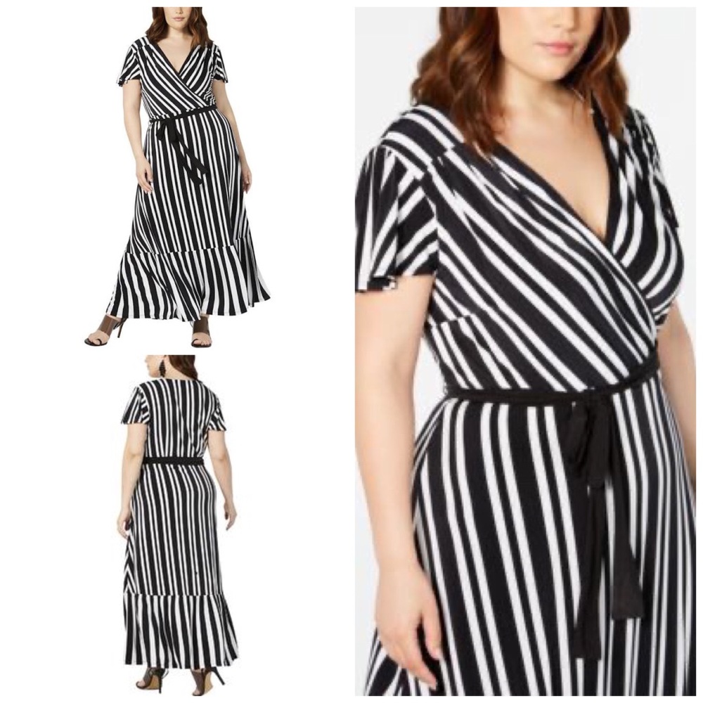 3X INC Black & White Striped Maxi Dress Plus